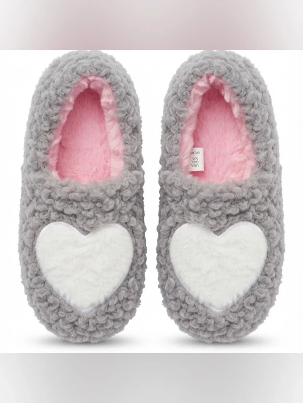 🦦5/$10🦦Wonder Nation Gray Sherpa Heart Slippers Girls Size 11-12 Pink Faux Fur